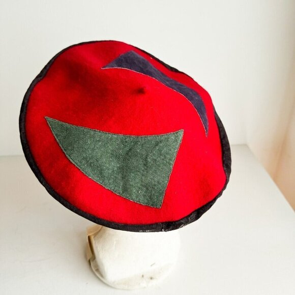 Vintage Unique Red Wool Patchwork Detail Beret main image 12